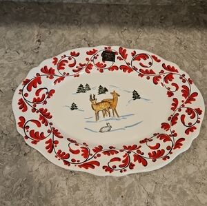 Nova Deruta Christmas Platter Oval Reindeer Trees Made In Italy 15.25x11.75"